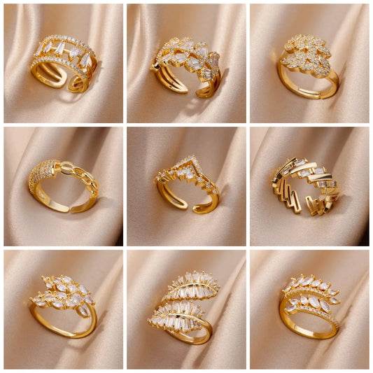 316L Stainless Steel Zircon Double Water Drop Rings For Women Gold Color Openning Ring Wedding Party Jewelry Gifts Dropshipping